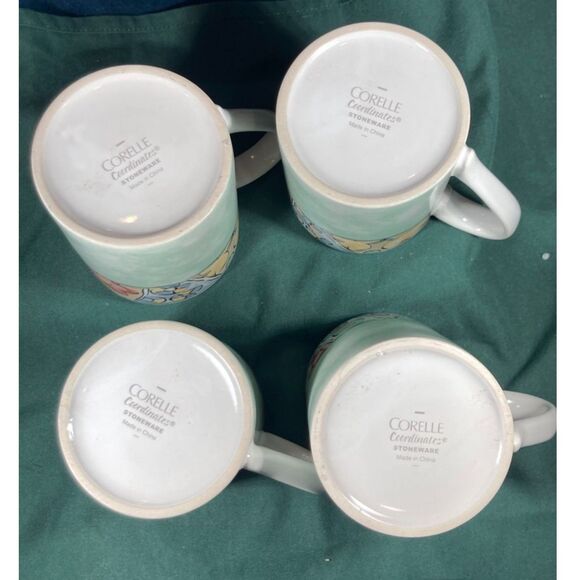 4 Corelle Coordinates Watercolors Ceramic Coffee Mugs lot of 4 green EUC - Picture 5 of 5